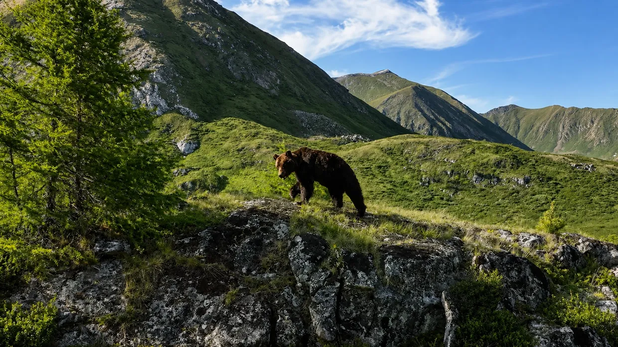 A brown bear on a ridge above the Khövsgöl mountains