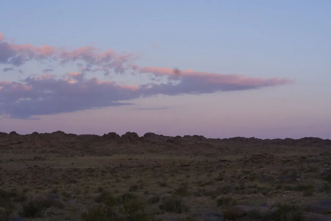 Pink clouds over the dark steppe at dusk