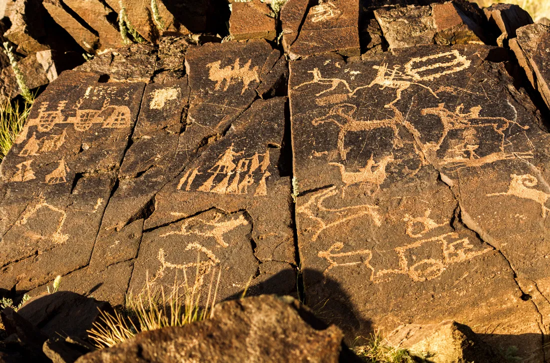 Petroglyphs of horses, riders and carts carved into dark rock
