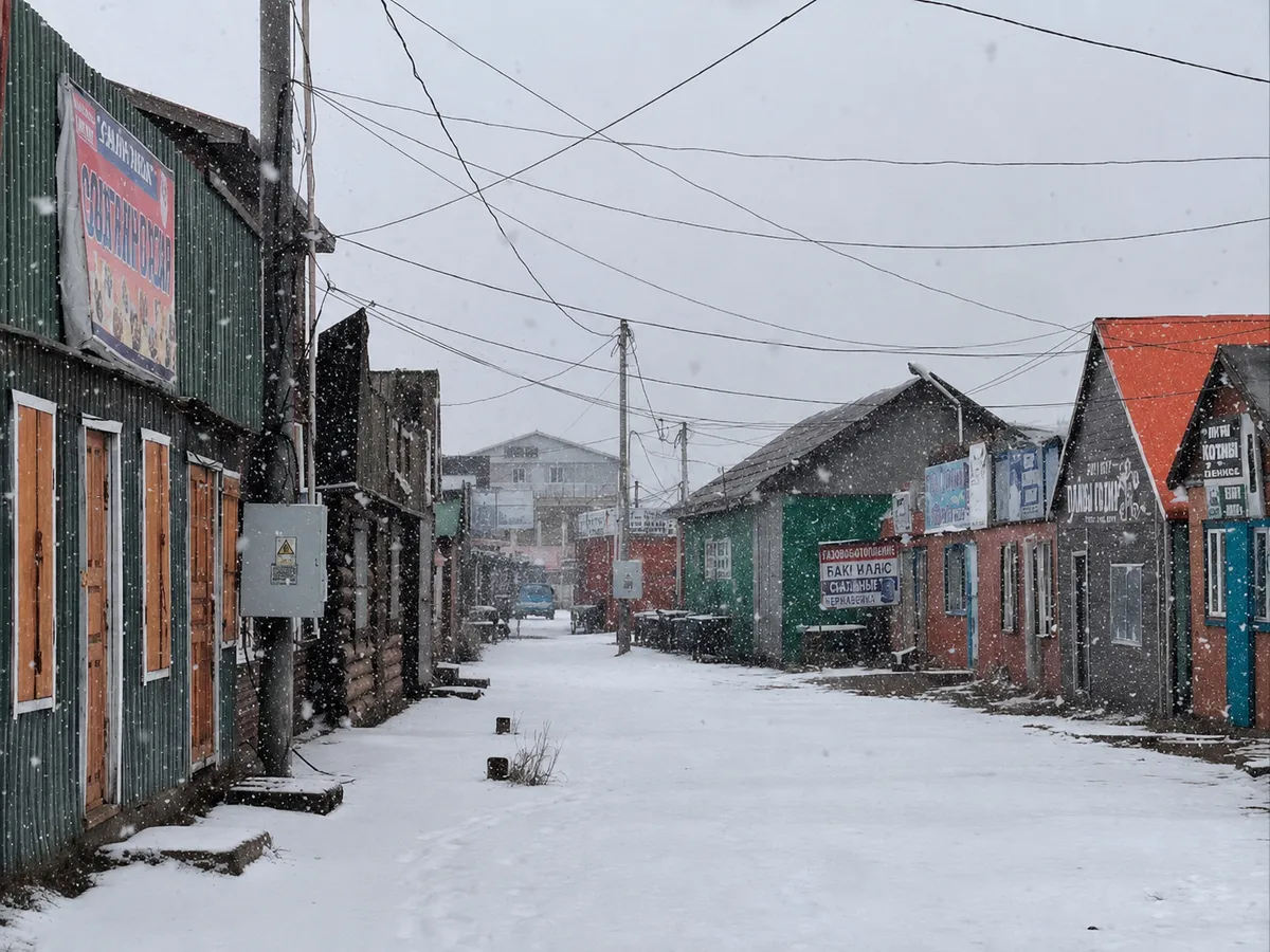 A snowy street of painted timber shopfronts in Mörön under falling snow