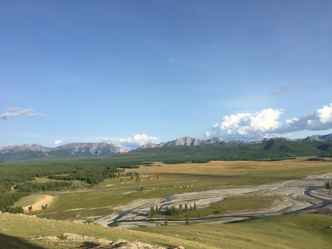 A wide braided valley running into taiga forest
